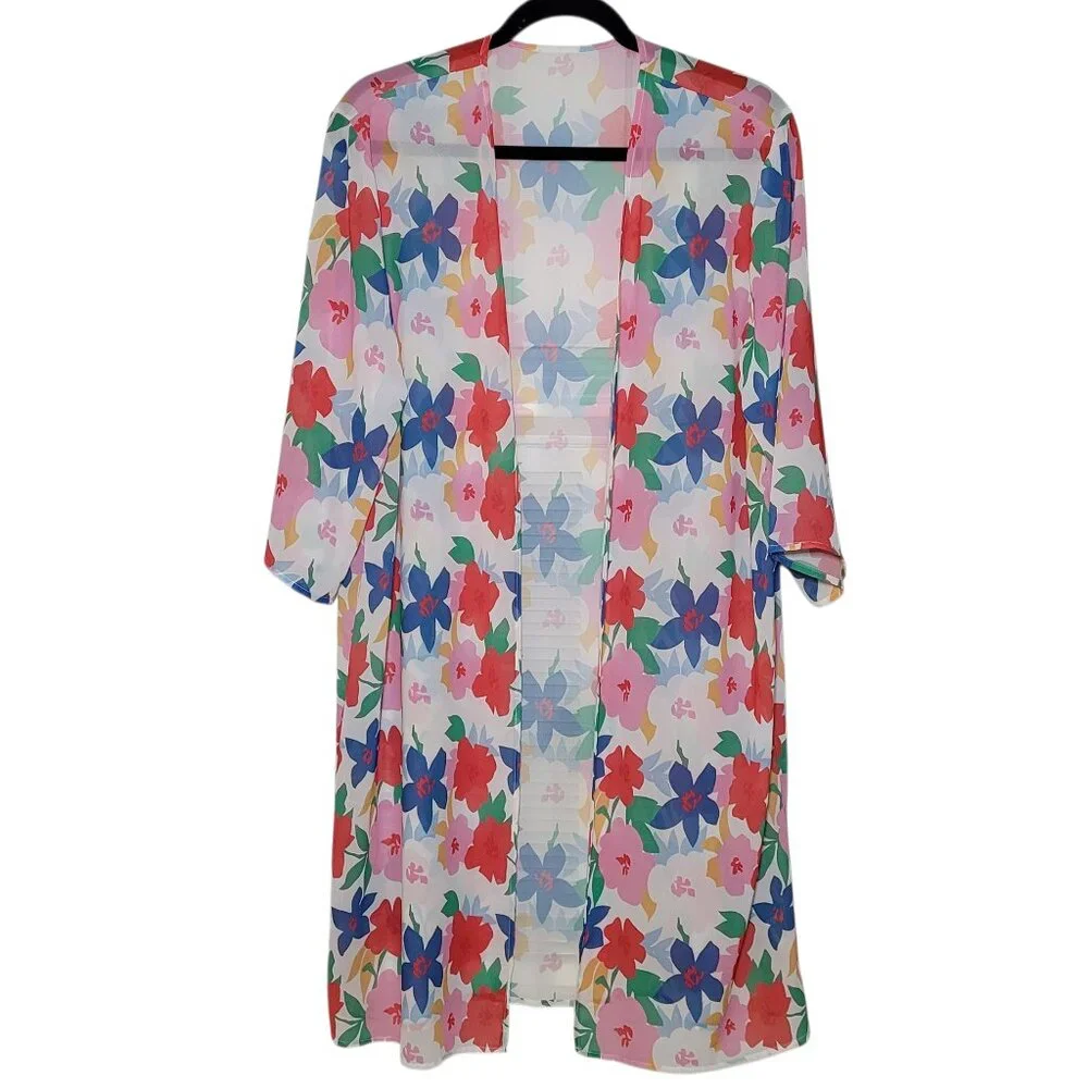 Floral Chiffon Longline Duster Kimono Cover Up Onesize Resortwear